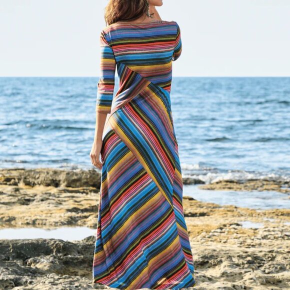 100% PERUVIAN CONNECTION STRIPED MULTI COLOR MAXI DRESS 3/4 SLEEVES SIZE M - Picture 2 of 9